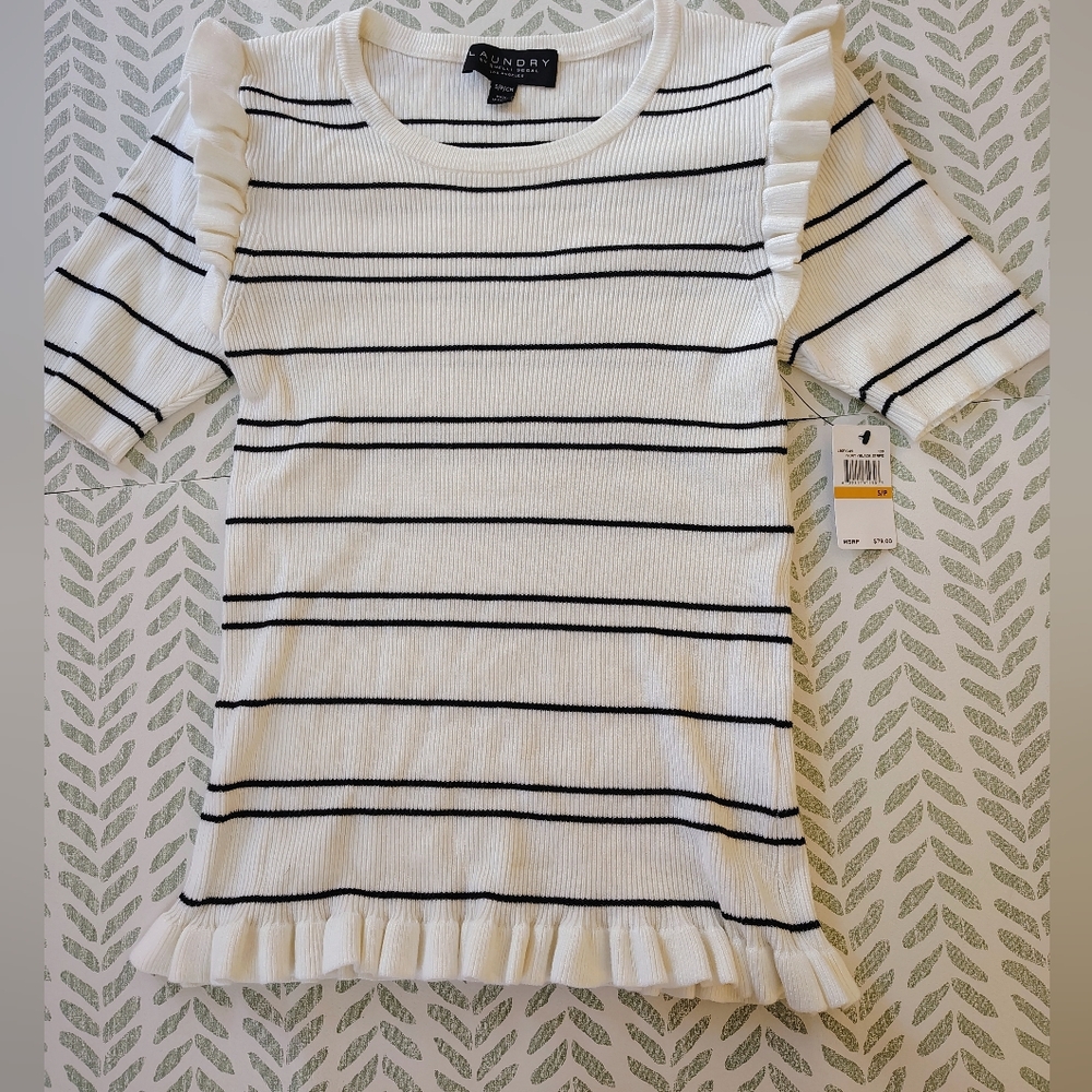 Laundry  by Shelli Segal Black and White Striped Ruffle Sleeve Top